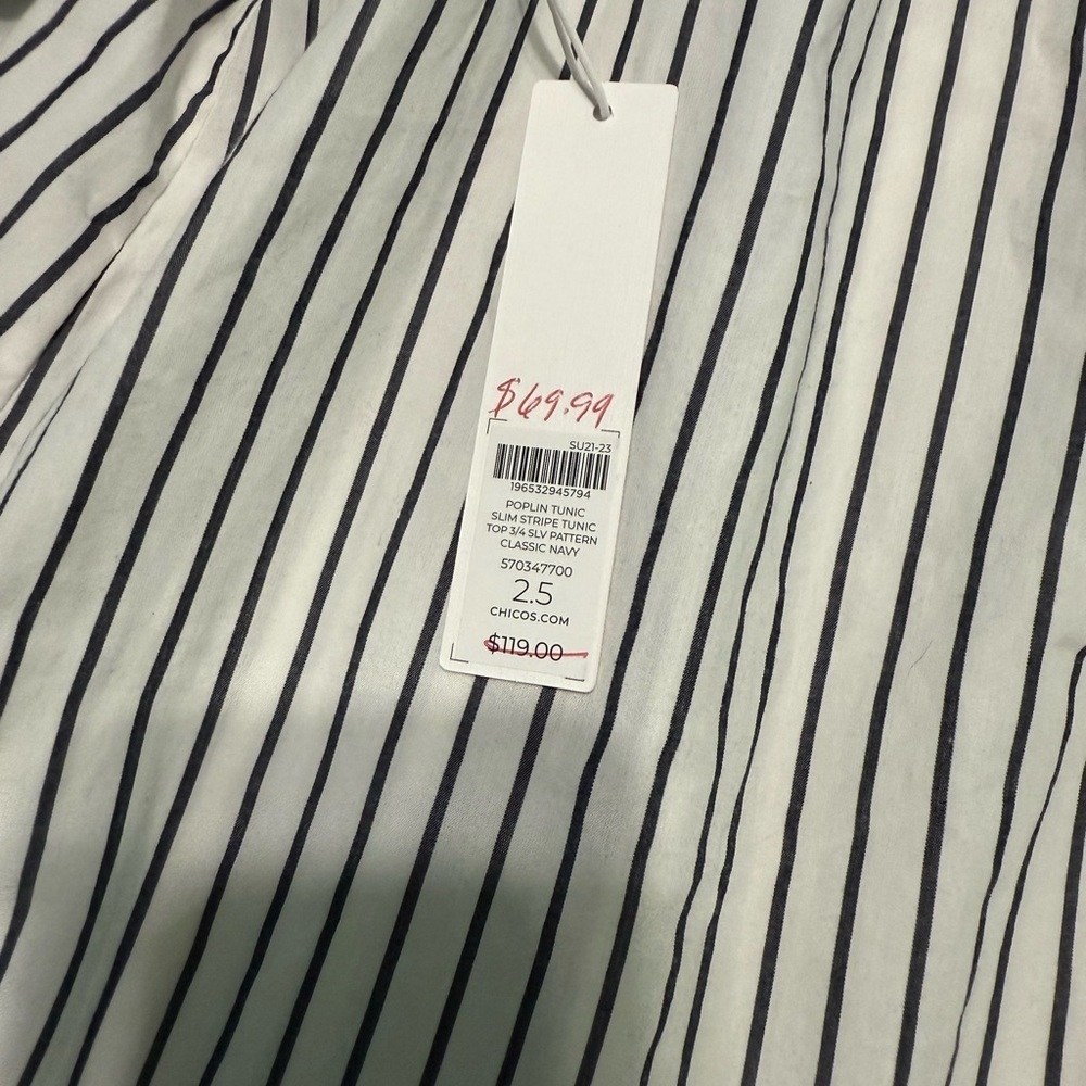 Chico’s Off-Shoulder Slim Stripe Poplin Tunic 3/4 sleeve size  25 US 14 NWT - Picture 3 of 5